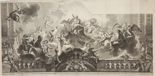 Design af Center Panel of Ceiling af Grand Gallery of the Palais Royal, indgraveret af Nicolas Henri Tardieu (1674-1749)