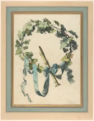 Tegning, trofæ med fløjte, efeu og blåt bånd, 1780-90