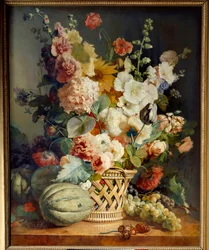 Flowers and fruit in a wicker basket. Painting by Antoine Berjondani