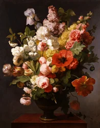 Stilleben med sommerblomster med pæoner, iris og syrener. 1819. Maleri af Antoine Berjon (1754-1843) Privat samling.