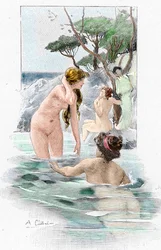 Odyssee af Homere: "Nausicaa, datter af kong Alcinous, og hendes tjenerinder vasker deres tøj i floden" Illustration af Antoine Calbet (1860-1944) til "The odyssee" af den græske digter Homere (Odyssey af Homer) 1897 Privat samling