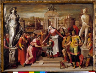 Historie om dronning Artemise Iere af Halicarnasse: "" Overdragelsen af bogen og epee"" Maleri af Antoine Caron (1521-1599) 1500-tallets søn. 0,51x0,67 m Beauvais, Musee departemental de l