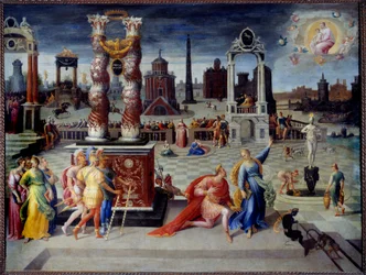 Tiburs sibylle. Den romerske kejser Augustus spørger sibyllen, om der findes en mand større end ham. En jomfru viser sig for ham med et barn i armene og forudsiger dermed Frelserens komme. Maleri af Antoine Caron (1521-1599), ca. 1575-15