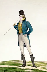En dandy i en Robinson-hat, med barnlige krøller, strikbukser og ridestøvler, plade 5 i Incroyable et merveilleuse-serien af modeplader, indgraveret af Georges Jacques Gatine (1773-1831)