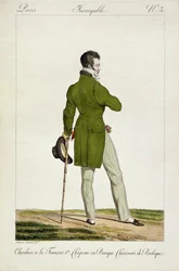 En dandy med en frisure som "Francois I" og en samling af charms og nipsgenstande, plade 3 i serien "Incroyable et merveilleuses" af modeplader, graveret af Georges Jacques Gatine (1773-1831) pub
