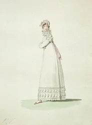 Elegant kvinde i en udendørs kjole, illustration fra 