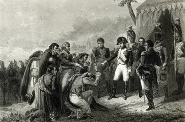 Den besejrede spanske lægger sig ned foran Napoleon før hans indtog i Madrid, december 1808