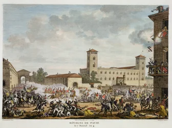 The Revolt of Pavia, 7 Prairial, år 4 (maj 1796) indgraveret af Jacques Joseph Coiny (1761-1809) (akvatinte)