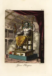 Statue af Zeus eller Jupiter i Olympia, kæmpestor siddende figur af den græske billedhugger Fidias omkring 435 f.Kr. i helligdommen i Olympia, Grækenland