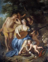 Detalje af "" Portræt af hertuginden af Villars"" født Angelique de Varangeville (1683 -? ). Maleri af Antoine Coypel (1661-1722)