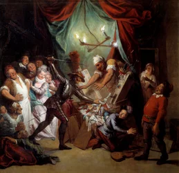 Don Quijote ødelægger dukkerne, som han tror er maurere. »Den sindrige ridder Don Quijote de la Mancha« af Miguel de Cervantes Saavedra (1547-1616).