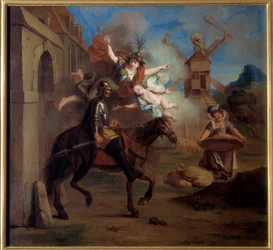 Don Quijote, drevet af vanvid, forlader sit hus for at gøre sig til en omvandrende ridder. "Den geniale gentleman Don Quixote fra La Mancha" af Miguel de Cervantes Saavedra (1547-1616). Maleri af Charles Antoine Coypel (1694-1752), mellem 1716. Olie på lær