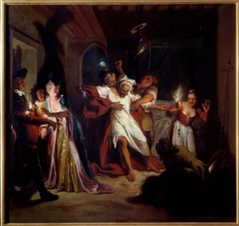 Sovende Don Quixote bekæmper skindene. "Den geniale gentleman Don Quixote fra La Mancha" af Miguel de Cervantes Saavedra (1547-1616). Maleri af Charles Antoine Coypel (1694-1752), mellem 1716. Olie på lærred. Mål: 1,23 x 1,28 m. Compiegne, Musee National