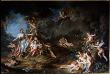 Den fortryllende Armide, der ønsker at stikke Renaud, vil afstå til Love (også kaldet "The Sleep of Renaud"). Illustration af en scene af "The Jerusalem Delivree" (La gerusalemme liberata) af Torquato Tasso (kendt som kruset). Maleri af Charles Antoine Coy