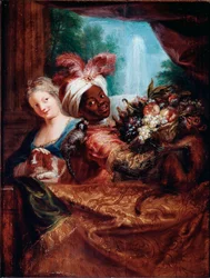 Ung pige, der kæler en hund, og en sort tjener, der fremviser en kurv med frugt. En lille abe ligger på hendes skulder. 28 x 21,5 cm, Paris, Musée du Louvre