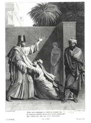 Esther bønfalder Assuerus in the Presence of Aman, illustration fra Esther af Jean Racine (1639-99) indgraveret af J.J. Coiny (1761-1809)
