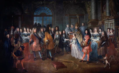 Ægteskab mellem Louis de France, hertugen af Bourgogne og Marie Adelaide af Savoyen den 7/12/1697 Ceremonien finder sted i nærværelse af kong Ludvig XIV (1638-1715) i midten. De unge, der gifter sig, bliver velsignet af kardinal de Coislin. Maleri af Antoi