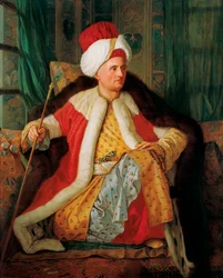 Portræt af Charles Gravier de Vergennes (1719-1787) diplomat i tyrkisk påklædning (Portræt af Charles Gravier greve af Vergennes og fransk ambassadør, i tyrkisk påklædning) - Maleri af Antoine de Favray (1706-1791), olie på lærred