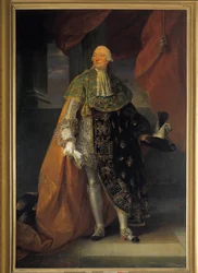 Portræt i fuld længde af Louis Philippe II Joseph, hertug af Orleans (1747-1793) kendt som Philippe Egalite i heldragt af Helligåndsordenen (Helligåndsordenen) Maleri af Antoine Francois (Antoine-Francois) Callet ( 1741-1823)