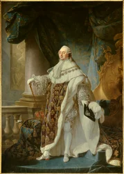 Portrait en pied du roi de France Louis XVI (1754-1793), iført den store kongelige dragt i 1779 Maleri af Antoine Francois (Antoine-Francois) Callet (1741-1823) 1779 Dim. 2,7x1,89 m - - Portræt af kongen af Frankrig Ludvig XVI (1754-1793) i hans kroning