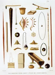 Husholdningsredskaber og våben fra Marianerne, fra Voyage autour du Monde (1817-20), af Louis Claude De Saulces de Freycinet (1779-1842) graveret af Jean Louis Denis Coutant (1776-1831), p.
