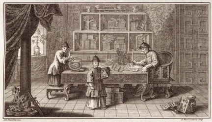 En kinesisk kalligrafibutik, fra en beretning om den hollandske ambassade i Kina, indgraveret af A. Maisonneuve, ca. 1670