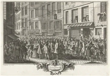 Fra Rue Quinquempoix, 1720 Rue Quinquempoix i år 1720 (titel på objekt) Het Groote Tafereel der Dwaasheid (serietitel)