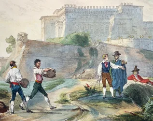 Playing ruzzica, af Antoine Jean-Baptiste Thomas (1791-1834), farvelitografi fra Et år i Rom og omegn