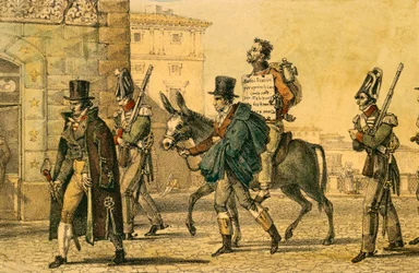 Straf, der involverede at blive ført gennem gaderne på æsel, litografi af Jean-Baptiste-Antoine Thomas (1791-1833) fra Un Rome