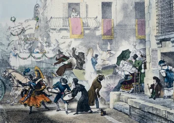 Kaster med konfetti under karnevallet i Rom, af Antoine-Jean-Baptiste Thomas (1791-1833), Italien