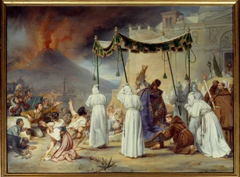 Procession af Sankt Januarius til Napoli under Vesuvs udbrud. Traditionel napolitansk fest for San Gennaro under vulkanens udbrud. Maleri af Antoine Thomas (1791-1834), 1822, 0,95 x 1,28 m