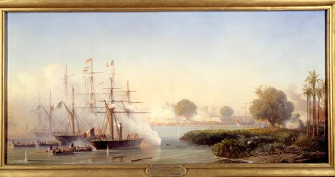Episode af Cochinchine-ekspeditionen: "" Tilfangetagelse af citadellet i Saigon af viceadmiral Rigault de Genouilly kommanderende den fransk-spanske ekspeditionsstyrke 17/02/1859"" Maleri af Antoine Leon Morel Fatio (1810-1871) 1859 søn. 0,83x1,82 m