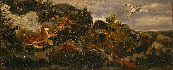 Panther Chasing a Stork (olie på papir monteret på masonit)