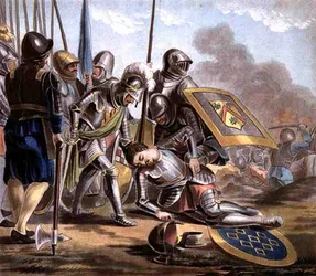 Carcados død, graveret af Jean Baptiste Morret (fl. 1790-1820) 1788 (farvet gravering)