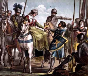 Jeanne de Navarre (1271-1304) tager greven af barfange, indgraveret af Jean Baptiste Morret (fl. 1790-1820) 1788 (farvet stik)
