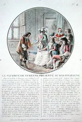 Viscounten af Turenne (1611-75) præsenteres for kong Filip IV (1605-65) af Spanien, indgraveret af L. Roger