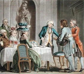 Comte de Vaux (1705-88) tilbyder mad og drikke til en bonde, indgraveret af Jean Baptiste Morret (fl.1790-1820)