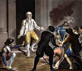 Gaspard de Colignys død, indgraveret af Jean Baptiste Morret (fl.1790-1820) 1788 (farvet stik)