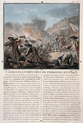 Kamp nær Freiburg, 1643, indgraveret af Jean Baptiste Morret (fl.1790-1820), 1787 (farvet litho)