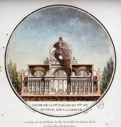 Skåret i bredden af den nye kirke Sainte Geneviève, bygget efter tegningerne af arkitekten Soufflot, Paris. I prittoresque udsigt over hovedbygningerne i Paris af sergent