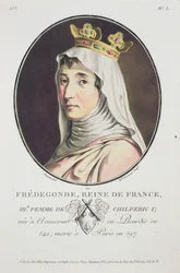 Fredegonde, dronning af frankerne, fra portrætter af store mænd, lyse kvinder og mindeværdige emner i Frankrig, indgraveret og trykt i farver, udgivet af Pierre Blin, 1786-92, Paris (farvet e.