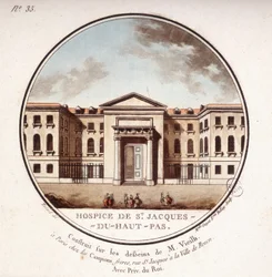 Hospice de Saint Jacques Du Haut Pas bygget efter tegningerne fra Vieilb, nu Cochin Hospital, Paris. I prittoresque udsigt over hovedbygningerne i Paris af sergent