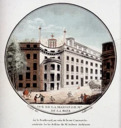 Udsigt over Monsieur de La Hayes hus på hjørnet af Rue Caumartin, Paris, bygget efter tegninger af arkitekt Aubert. I pittoresque udsigt over hovedbygningerne i Paris af sergent