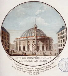 Udsigt til ydersiden af hvedemarkedet, Paris bygget af Le Camus de Mézières mellem 1763 og 1766, i dag børsen i Paris. I prittoresque udsigt over hovedbygningerne i Paris af sergent