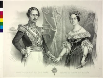 Dronning af Spanien og hendes mand Franz Isabella II (litografi)