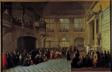 Kong Ludvig XIV modtog ed fra Marquis de Dangeau, stormester for de genforenede ordener Notre Dame du Mont Carmel og Saint Lazarus, i kapellet på slottet i Versailles, den 18/12/1695. Philippe de Courcillon, Marquis de Dangeau (1638-172