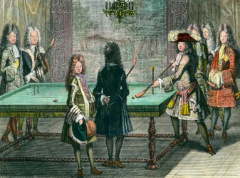 Kongelig fornøjelse i Versailles: Kong Ludvig XIV (1638-1715) spiller billard med Philippe, hertug af Orléans (1640-1701), kendt som Monsieur, greven af Toulouse, hertugen af Vendôme, Monsieur d
