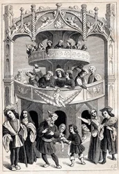 Frontispice af "" Le Grant Therence en Francois"" af Antoine Verard (aktiv 1485-1512) - teatralsk fremstilling i det 16. århundrede