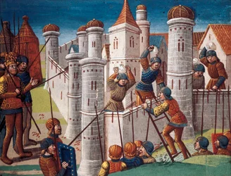 Belejring af en by, miniature fra manuskriptet "Romanen om Ogier the Dane"