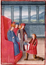 Forfatteren overrækker sin bog til kongen af Frankrig, Karl 8. (1470-1498). Miniature fra "Frankrigs krøniker", illustreret af Antoine Vérard (1450-1519). Biblioteca Nazionale, Torino
